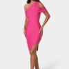 bebe1357_fuschia_1_96fc23df-d5d1-4cee-99ed-fb396ab5517d Asymmetrical High Slit Bandage Midi Dress
