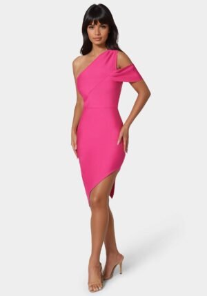 bebe1357_fuschia_1_96fc23df-d5d1-4cee-99ed-fb396ab5517d Asymmetrical High Slit Bandage Midi Dress