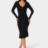Button Front V-Neck Sweater Midi Dress