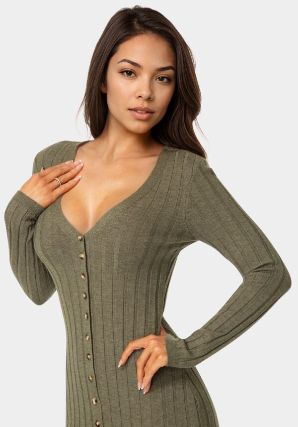 bebe2165_olive_4_288c19d7-f996-482d-9132-f0adc5f9ef9e Button Front V-Neck Sweater Midi Dress